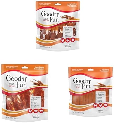 Bundle of Good'n'Fun Triple Flavored Rawhide Kabobs for Dogs,12-Ounce + Good 'N' Fun Triple Flavor Wings,12 oz + Good ‘n’ Fun Triple Flavor Ribs Chews for All Dogs, 12 Ounces