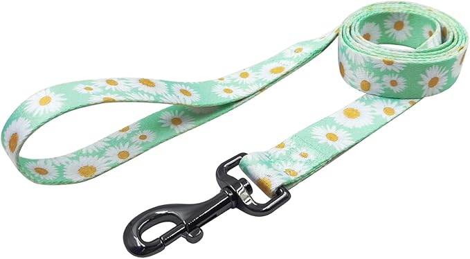 Dog Collar Leash Set, Floral Pattern, Polyester Material, Adjustable Collar and 5ft Matchcing Leash, for Small Dogs.(S, Light Green Daisy)