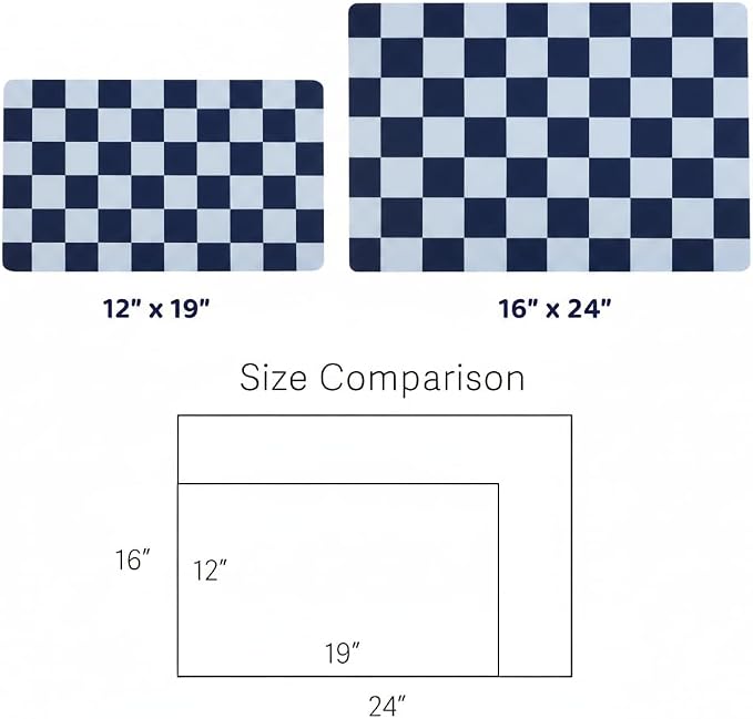 Checkered Dog Feeding Mat, Absorbent Mats for Dog Food and Water Bowl, Dispenser, Retro Aesthetic Navy Blue Checkerboard Pet Placemat for Dogs, Cats, Puppy Accessories, 12" X 19”