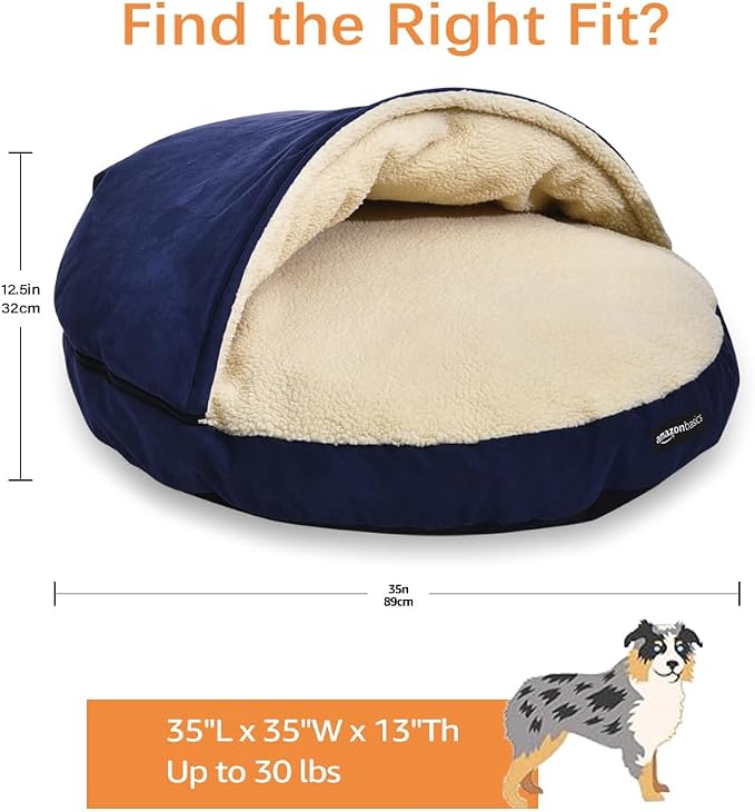 AmazonBasics Pet Cave Bed for Dogs and Cats, with Removable Nesting Cave Cover, Fits up to 30lbs Pets, 35 x 35 x 13 inches, Blue