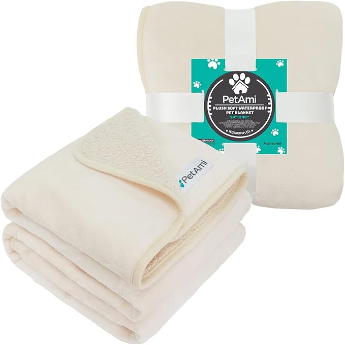 PETAMI Sherpa Fleece Waterproof CAT and Dog Blanket, Beige, Queen