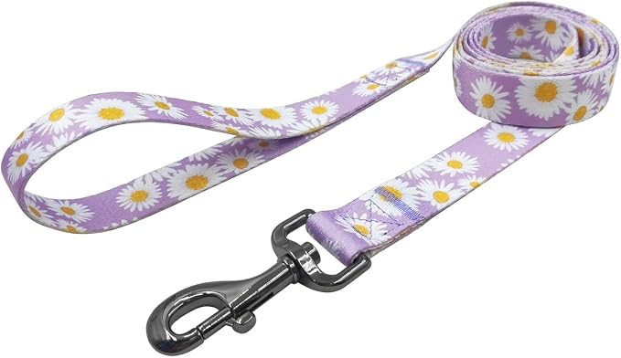 Dog Collar Leash Set, Floral Pattern, Polyester Material, Adjustable Collar and 5ft Matchcing Leash, for Medium Dogs.(M, Light Purple Daisy)