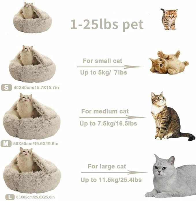 Cat Bed Round Fluffy Hooded Cat Bed Cave, Anti-Anxiety Cave Bed with Hooded Blanket, Cozy Cuddler Luxury Puppy Pet Bed, Anti-Slip Bottom and Machine Washable (Brown, Large)
