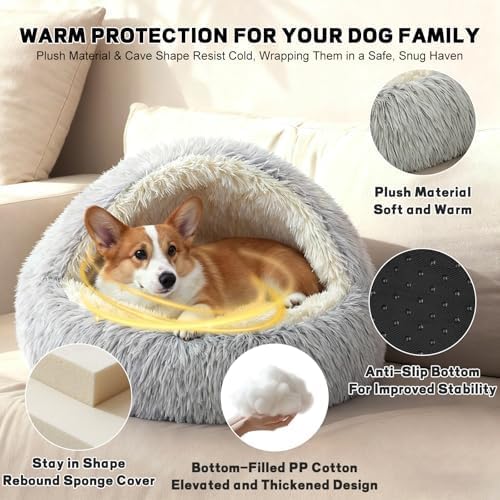 YUDANSI Calming Small Dog Bed & Indoor Cat Bed - Plush Fluffy Hooded Cave Nest, Anti-Slip Self-Warming, Removable Washable Zipper Cover, Built-in No-Collapsing Support (Grey-65cm/26in)