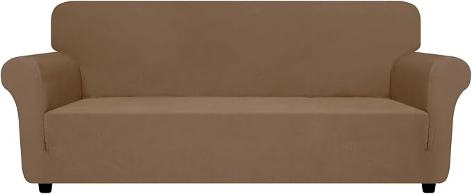 ZNSAYOTX Super Stretch Sofa Cover (72"-92"), New Striped Sofa Covers Fitted Slipcovers with Elastic Bottom, Dog Cat Pets Proof Spandex Washable Fabric Comfortable & Durable (Light Coffee, Sofa)