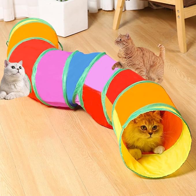 2-Way Collapsible Cat Tunnel Tube Toy Rainbow — Interactive Play Tunnel with Peek Hole for Indoor Cats, Kittens, Puppies & Rabbits | Hours of Fun & Exercise