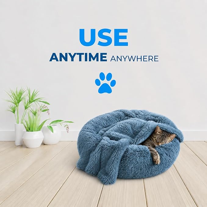 Whiskers & Friends Cat Beds for Indoor Cats, Fluffy Calming Donut Cat Bed, Small Dog Bed Washable - Orthopedic Soft Plush Pet Beds Sized for Kitten to Large Cats & Puppy to Small Dogs - Navy Grey C