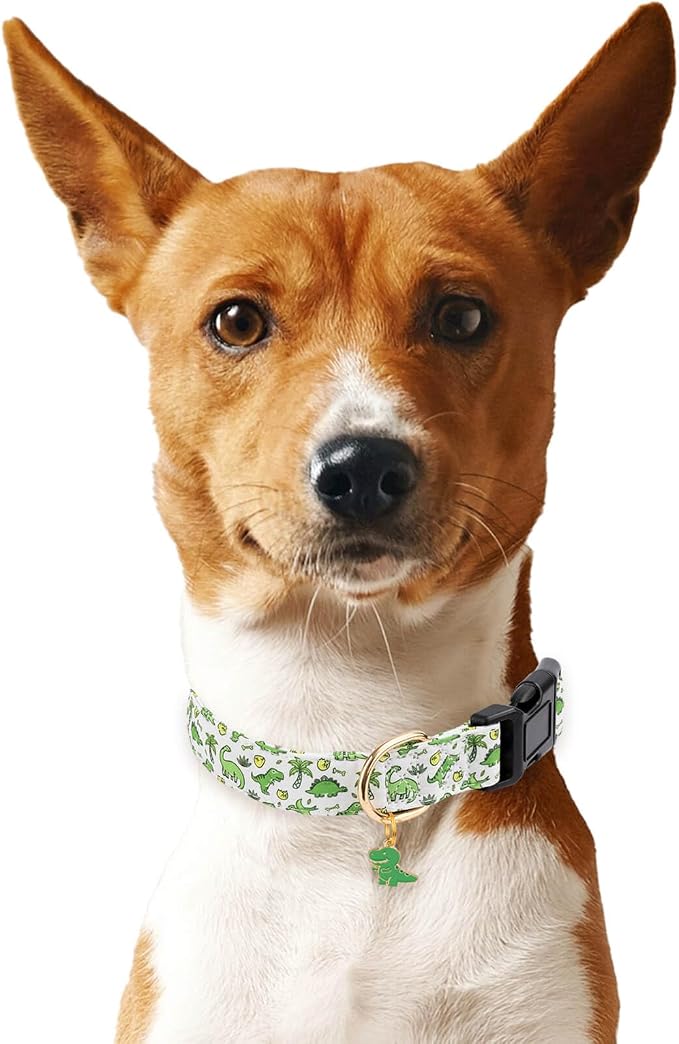 Cotton Dog Collar,Soft and Cute Puppy Collars with Green Dinosaur Patterned Design for Girl Female Boy Dogs,Adjustable Buckle Pet Collar for Small Medium Large Dogs (Green Dinosaur, Medium)