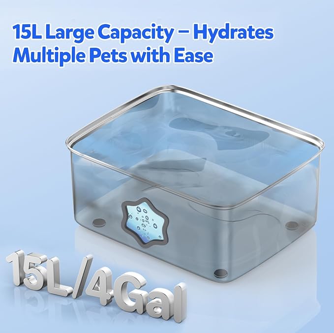 Kastty Large Dog Water Fountain, 15l/4gal Stainless Steel AUTO Pet Water Bowl Dispenser Indoor, 5-Stage Filtration, Dual-Color LED, Visual Window, Quiet, for Large Medium Dogs & Multi-Pet, FS81