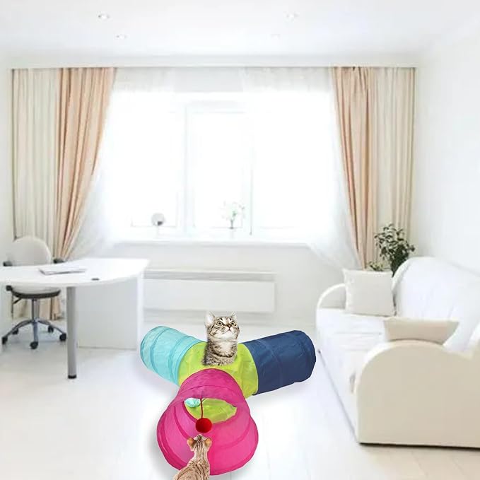Cat Tunnel Tube Toys,Tunnels for Indoor Cats, 3 Way Colorful Collapsible Interactive Toy with Balls for Rabbits, Kittens, Ferrets, Puppy