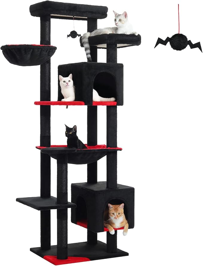 69” Gothic Cat Tree for Indoor Cats Large Adult, Multi-Level Cat Tower with Scratching Post, Dual Top Perches, Big Hammock, 2 Condos & Bat Toy Ball, Cat Furniture for Multi-Cat Households, Black