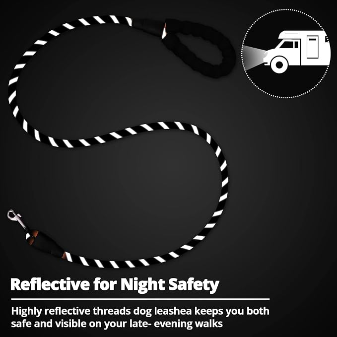 Rope Dog Leash 5 FT: Heavy Duty Leashes with Swivel Lockable Hook Reflective Threads Bungee and Padded Handle - Dog Lead for Large Small Medium Dogs Outside Walking Hiking Black