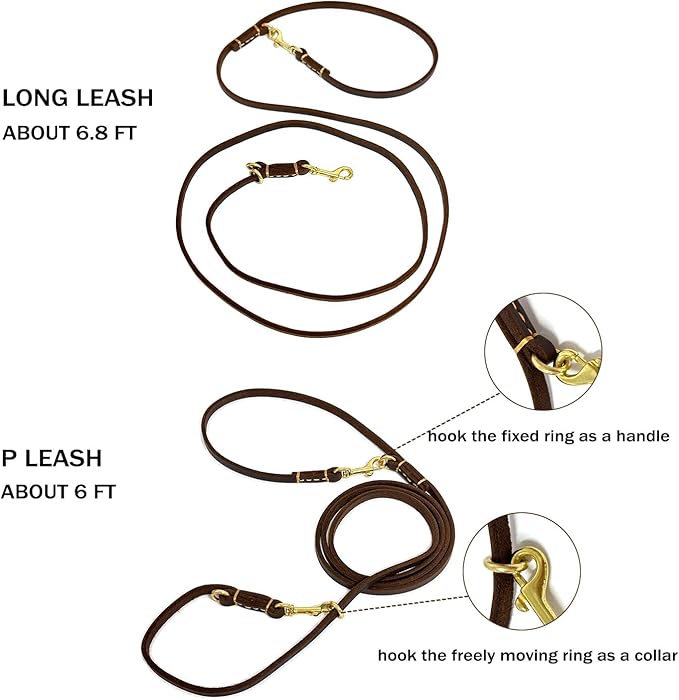 Multi Function 8ft Genuine Leather Hands Free Dog Training Leash for Puppy Small and Medium Dogs (8 Foot*3/8 inch, Brown)