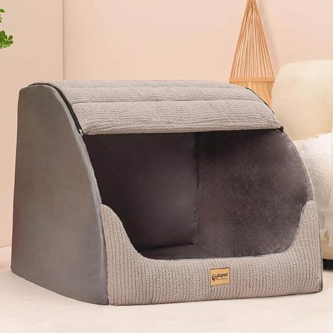 Soft Plush Covered Dog Cave Bed - Large Size for Indoor Use, with Fluffy Washable Cushion, Portable Pet Tent House Suitable for Dogs & Cats(Gray,23.62''X15.75''X17.72'')