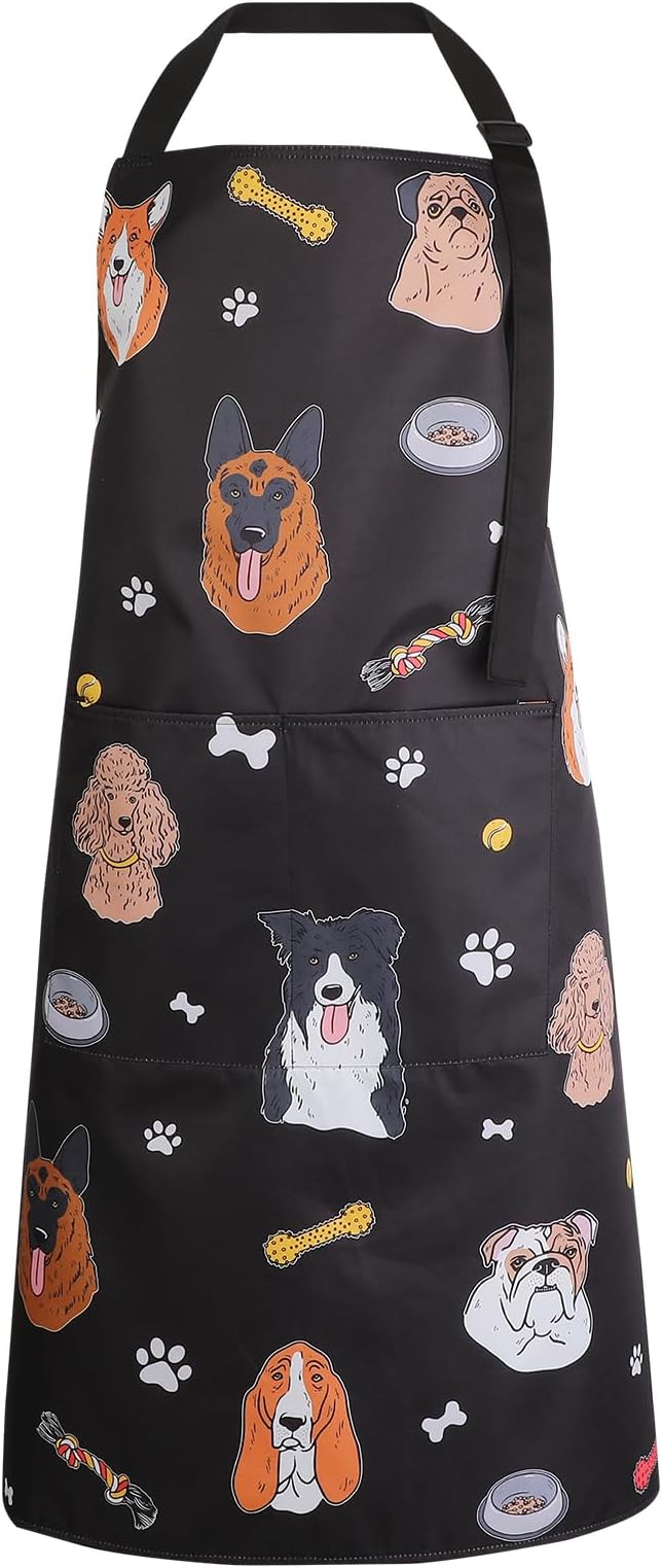 Dog Grooming Waterproof Apron with 2 Pockets, Cute Animals Puppy Dog Pets Apron