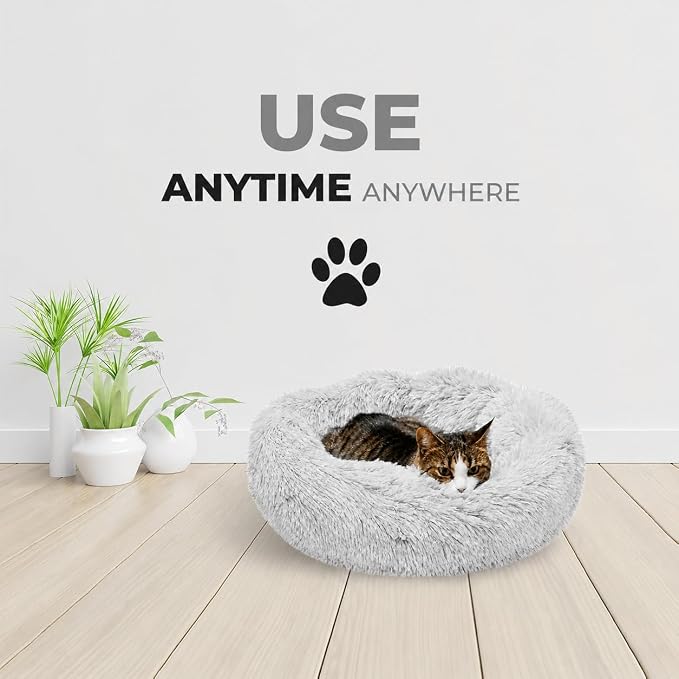 Whiskers & Friends Cat Beds for Indoor Cats, Fluffy Calming Donut Cat Bed, Small Dog Bed Washable - Orthopedic Soft Plush Pet Beds Sized for Kitten to Large Cats & Puppy to Small Dogs, Light Grey 23''