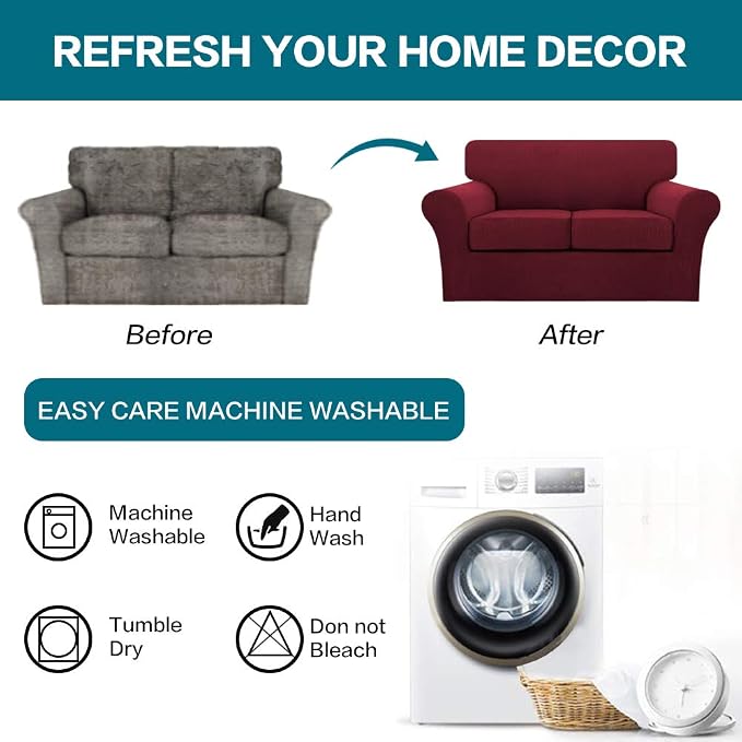 Turquoize 3 Piece Sofa Covers for 2 Cushion Couch Sofa Slipcover Soft Couch Cover for Dogs-Washable Sofa Furniture Covers with 2 Individual Cushion Covers (2 Cushion Sofa, Burgundy)