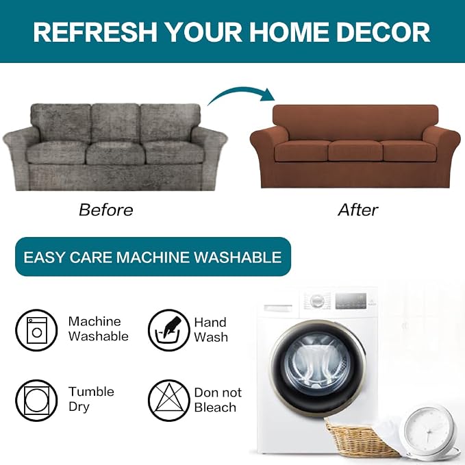 Turquoize 4 Piece Sofa Covers for 3 Cushion Couch Slipcover Soft Cover Dogs-Washable Furniture with Individual Covers,Feature Jacquard Fabric(3 Cushion Sofa, Caramel)