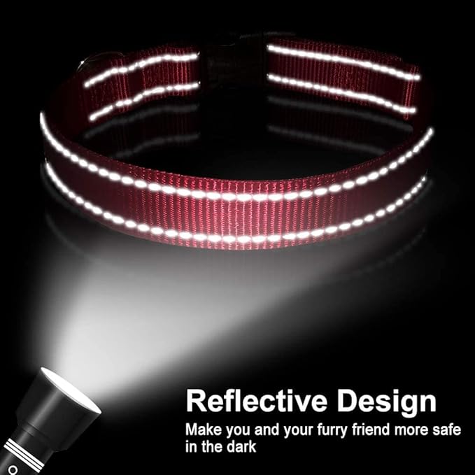 FunTags Length 16" - 24" Reflective Red Dog Collar for Large Dogs – Night Walking & Training Safety, Durable Quick Release Buckle, Nylon, Comfortable Adjustable, Width 1"