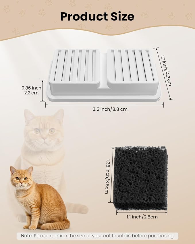 Replacement Filter for Cat Water Fountain - 8 Packs Pet Water Bowl Filters - 8 Filters & 8 Sponges Set for Stainless Steel Cats/Dog Water Dispenser - Activated Carbon & Foam Filtered Refill