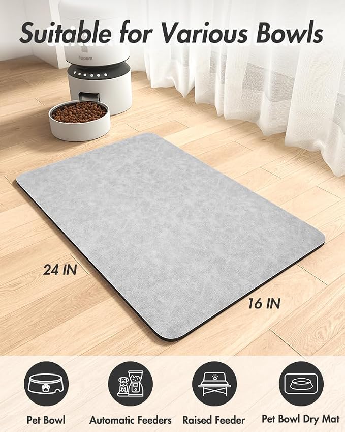 MontVoo-Absorbent Pet Feeding Mat-No Stains Pet Mat for Food and Water Bowl-Quick Dry Cat & Dog Food Mat Water Dispenser Mat-Pet Supplies Mat-Dog Water Bowl Mat for Messy Drinker,(LightGrey,16"x24")