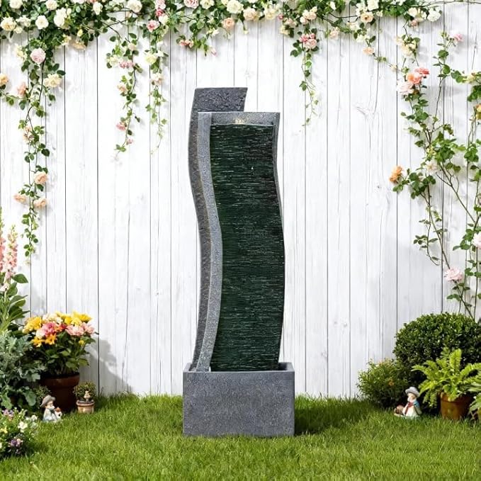 Sunlinua 43H Modern Outdoor Water Fountain with LED Light Garden Cascading Curved Waterfall Feature for Indoor or Outdoor Relaxing Garden Patio Backyard Deck Porch or Home Décor