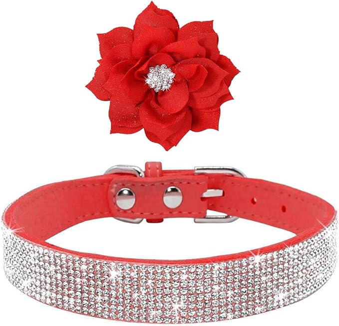 Cute Dazzling Sparkling Soft Suede Leather Dog Rhinestone Collar Crystal Diamond Pet Dog Puppy Collar (Red, L)