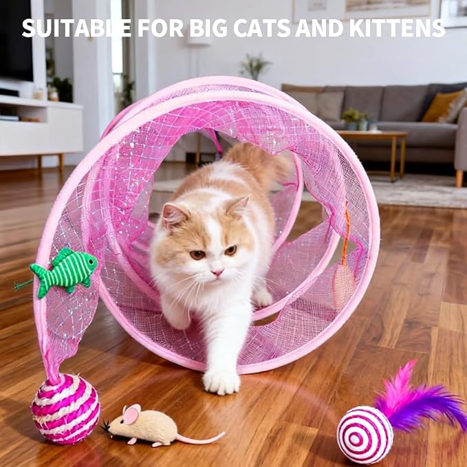 Cat Tunnel with Hanging Toys, Cat Toys Kitten Toys Assorted, Indoor Activity Center for Cats and Kittens, 10 x 22 inches (Pink)