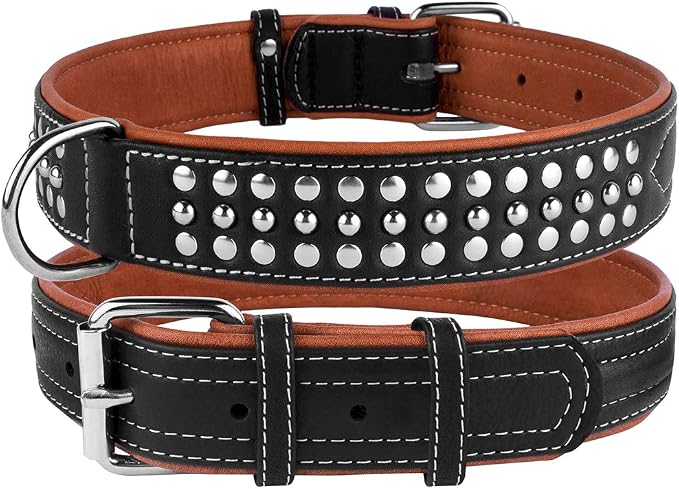 CollarDirect Studded Dog Collar Leather Pet Collars for Dogs Small Medium Large Puppy Soft Padded Brown Black (Black, Neck fit 20" - 22")