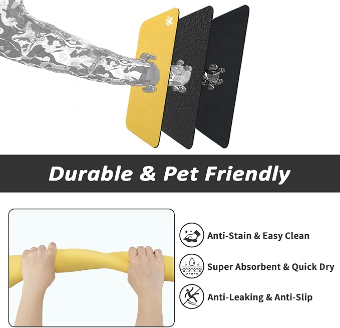 HotLive Dog Food Mat - Absorbent Cat Mat for Food and Water, No Stains Pet Feeding Bowl Mat, Easy to Clean Pet Placemats, Quick Dry Dog Water Dispenser Mat for Messy Drinkers | Paw Yellow 18"x34"