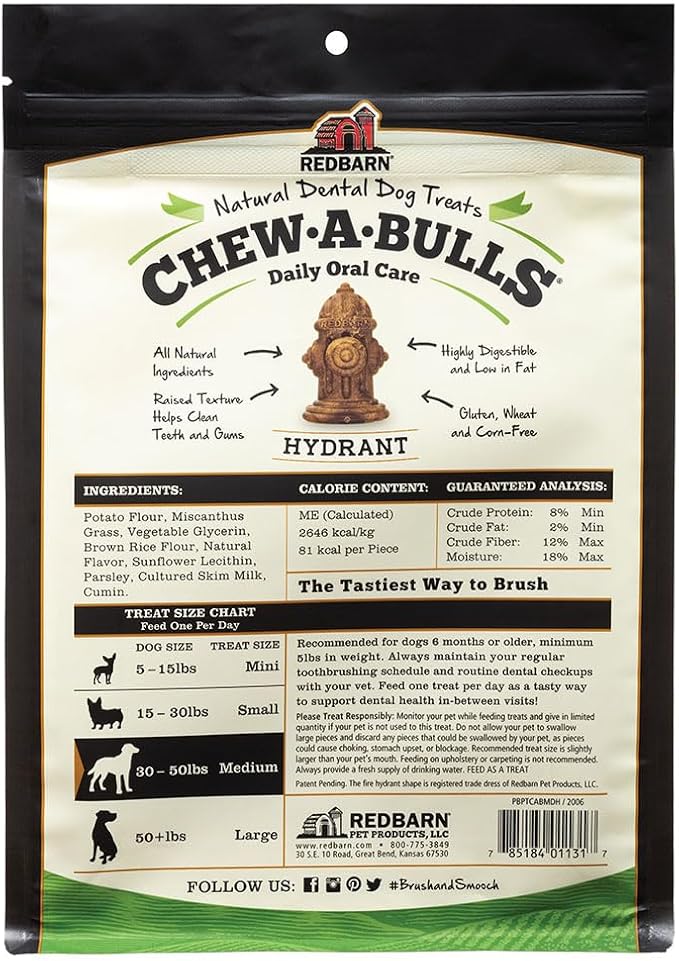 Redbarn Chew-A-Bulls, 12 Pack – Medium Hydrant Shape Dog Dental Treats – Daily Oral Care with Fun Ridges & Grooves, All Natural Ingredients, Highly Digestible Chews & Low in Fat