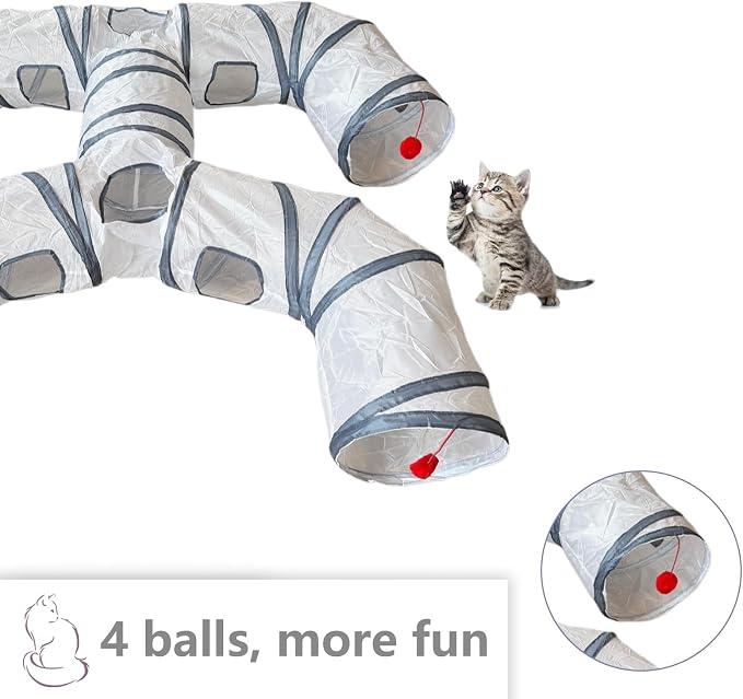 Foldable H-Shaped Cat Tunnel Toy with Interactive Playing Balls - 4 Exits for Cats, Kittens, Rabbits & Small Pets Collapsible Play Tube for Indoor Fun & Exercise
