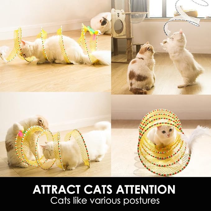 Spiral Tunnel Cat Toy, 25.59 Inches Unfolded with Cat Wand Self Play Collapsible, Hunting Spiral Tunnel with Feather Mouse Toys and Bell for Indoor Kitten Play Chase Exercise (Blue)
