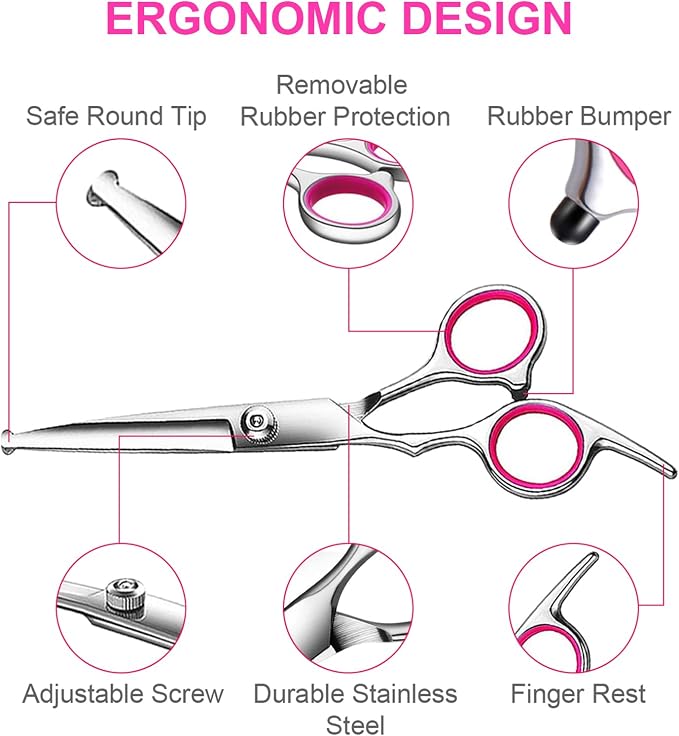 TINMARDA Dog Grooming Kit, Professional Stainless Steel Dog Grooming Scissors with Curved Shears, Pink Finger Rings - 5 Piece Sharp Durable Pet Shears for Dogs Cats At Home Salon-Quality Grooming