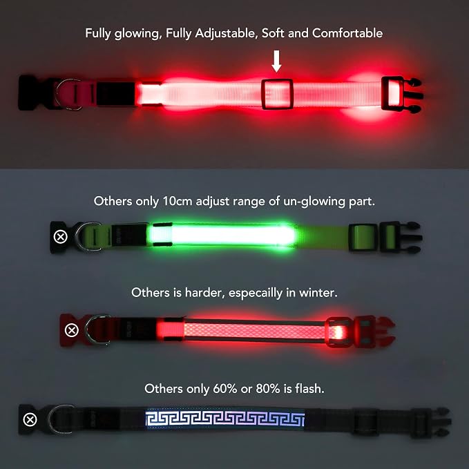 Light Up Dog Collar, Rechargeable USB Collar, Waterproof, Luminous LED Collar, Adjustable, Super Bright, Night Walking for Small Medium Large Dogs, Pink, L