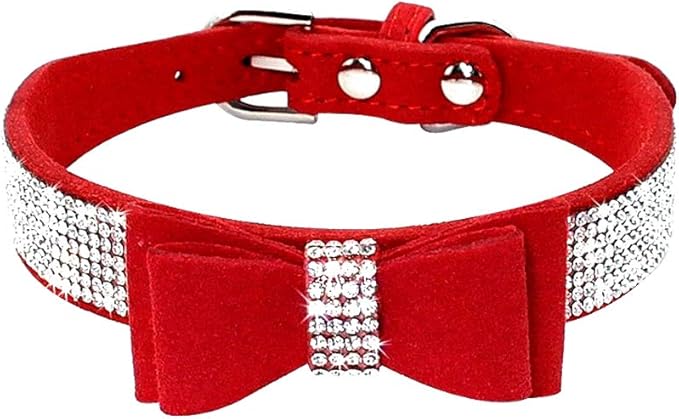 Rhinestone Dog Collar, Cute Dazzling Sparkling Soft Suede Leather Dog Cat Rhinestone Collar Crystal Diamond Pet Dog Puppy Collar (M, Red-1)