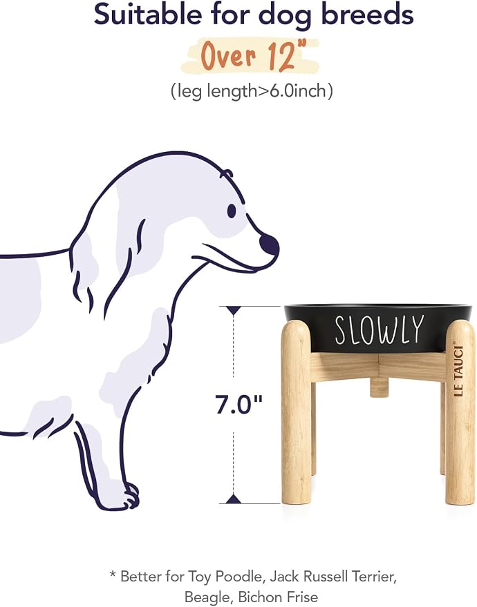 LE TAUCI PET Ceramic Slow Feeder Bowl Elevated - 1.5 Cup with Wood Stand for Small & Medium Breed, Anti-Gulping, Black