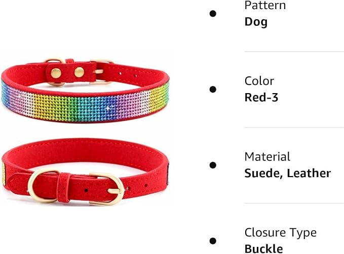 Rhinestone Dog Collar, Cute Dazzling Sparkling Soft Suede Leather Dog Cat Rhinestone Collar Crystal Diamond Pet Dog Puppy Collar (XS, Red-3)