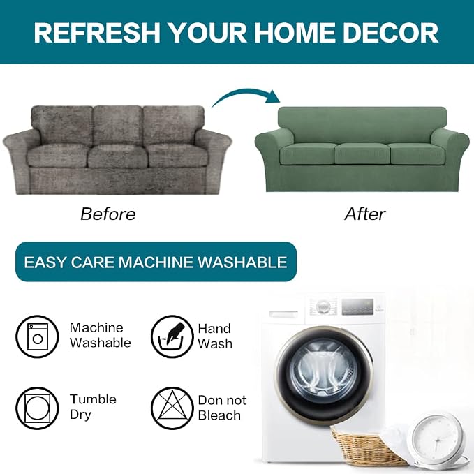 Turquoize 4 Piece Sofa Covers for 3 Cushion Couch Sofa Slipcover Soft Couch Cover for Dogs-Washable Sofa Furniture Covers with 3 Individual Large Cushion Covers, Feature Fabric (XL Sofa, Loden Frost)