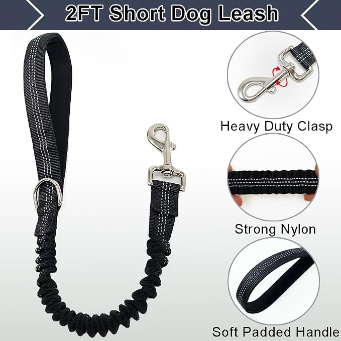 2 FT Bungee Dog Leash, Reflective Strong Nylon Traffic Leash, Short Shock Absorbing Lead for Large Medium Dogs Walking Training Controlling, Black