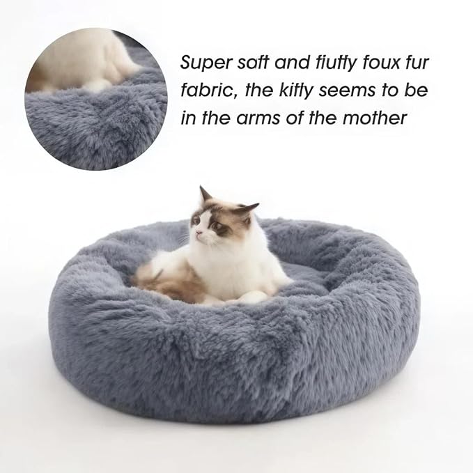 SALAN Calming Donut Dog Bed for Small Dogs and Cats, 16 Inch Round Plush Faux Fur Pet Bed, Washable Fluffy Self Warming Anti Anxiety Cuddler Bed for Puppy, Kitten, Indoor Cats (Khaki)