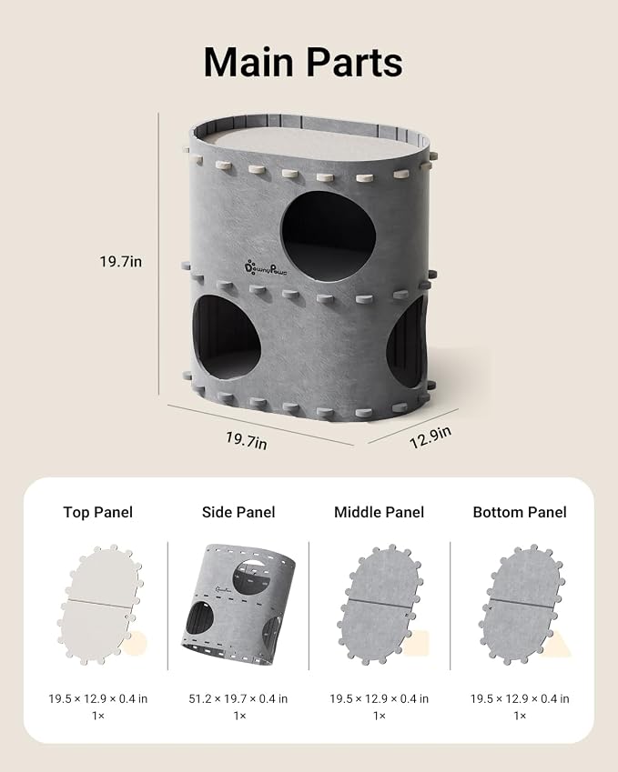 DownyPaws Cat House for Indoor Cats, 2-Storey Foldable Cat Bed Cave, Felt Cats Tunnel Bed Condo, Castle Kitten Cube Hideaway for Multicats, Scratch Resistant, Light Gray
