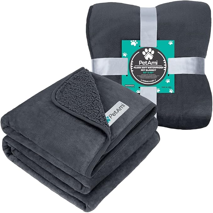 PetAmi Premium Waterproof Dog Blanket for Large Dogs, Reversible Sherpa & Flannel Fleece, Leakproof Pet Throw for Couch Protection, Soft Plush Furniture Protector for Cats, Washable, 60x80 Grey