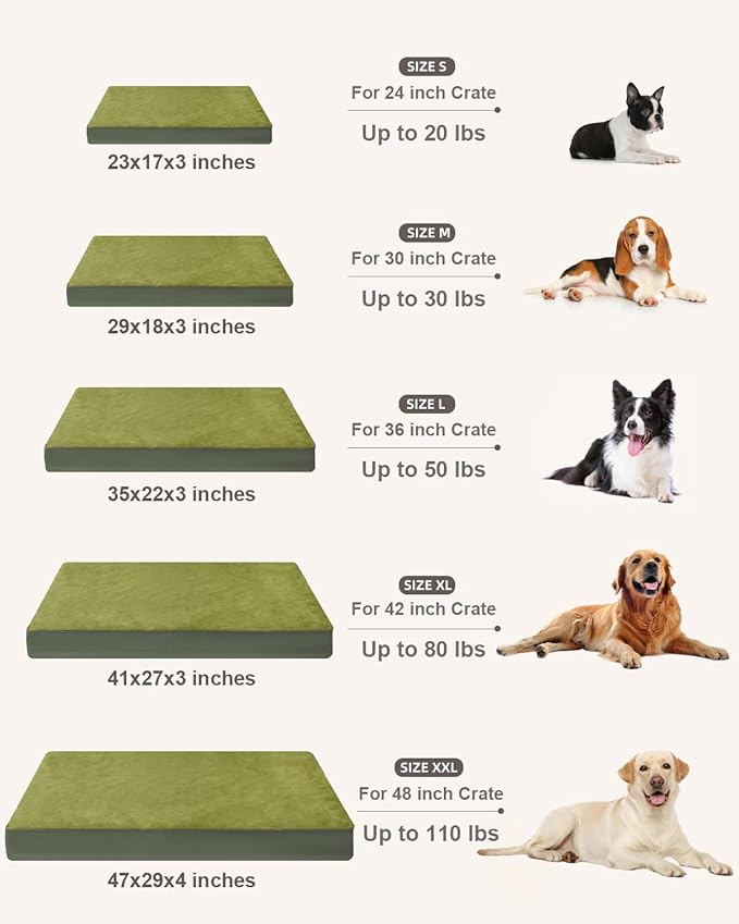 KSIIA Orthopedic Dog Bed Crate Waterproof Pet Mats for Extra Large Dogs Deluxe Plush Washable Pet Bed with Egg Crate Foam & Removable Cover, 47 x 29 Inch, Green