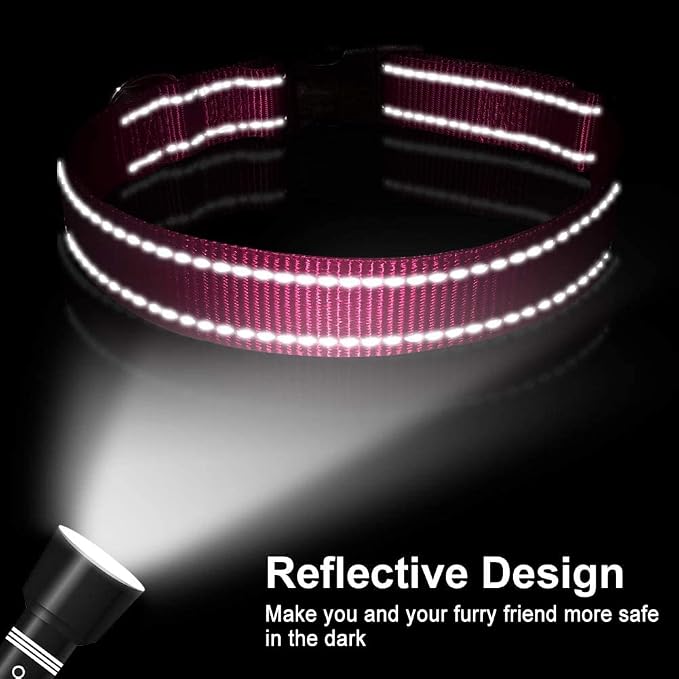 FunTags Length 8" - 12" Reflective Neon Pink Dog Collar for Extra Small Dogs – Night Walking & Training Safety, Durable Quick Release Buckle, Nylon, Comfortable Adjustable, Width 5/8"