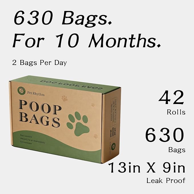 Dog Poop Bags with Dispenser, 630 Count Extra Thick Leak-Proof Waste Bags, Plant-Based Material, 13x9 Inch for Bags for Dogs Walking and Cat Litter