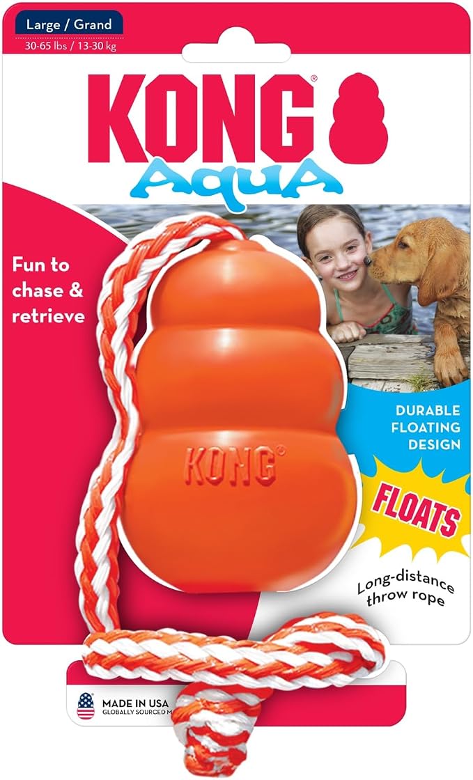 KONG Aqua Floating Fetch Toy - Dog Floating Toy for Water Retrieval, Play, Exercise & More - Natural Rubber Dog Toy with Foam Interior & Rope for Farther Throwing - Orange, for Large Dogs