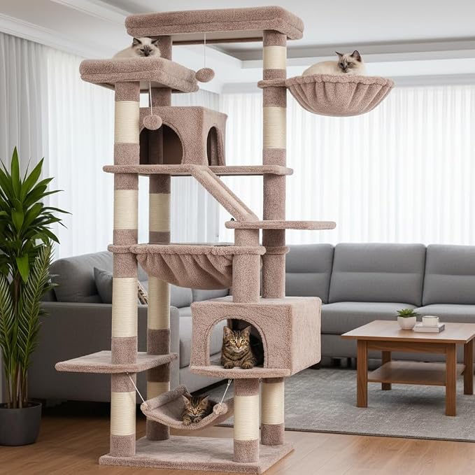 Heybly Cat Tree, 71-Inch-Tall Tower for Indoor Cats with 2 Perches, 2 Big Condos, 2 Hammocks, Basket, Scratching Pad, Large Cat Furniture and Condo, Mushroom HCT034MU