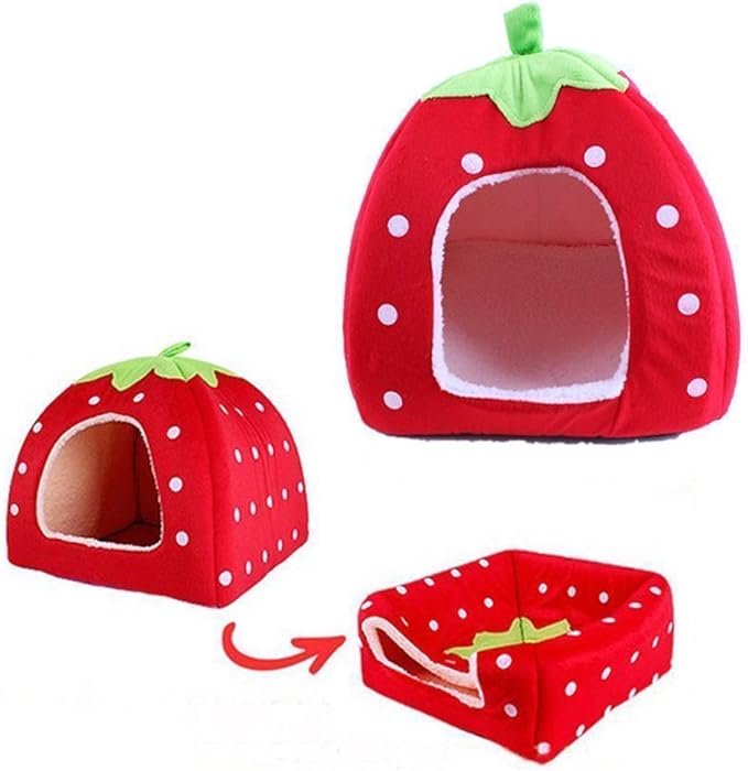Strawberry Plush Pets House Washable Pets Cave Sofa Half-Closed Fluffy Dogs Room Soft Puppy House for Winter Indoor