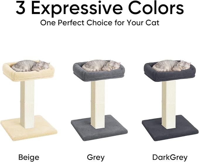 Cat Scratching Post, 32”Cat Scratcher with Large Plush Perch, Sisal & Carpet Scratching Post, Vertical Posts with Elevated Bed for Indoor Cats, Removable& Washable Cover, Beige